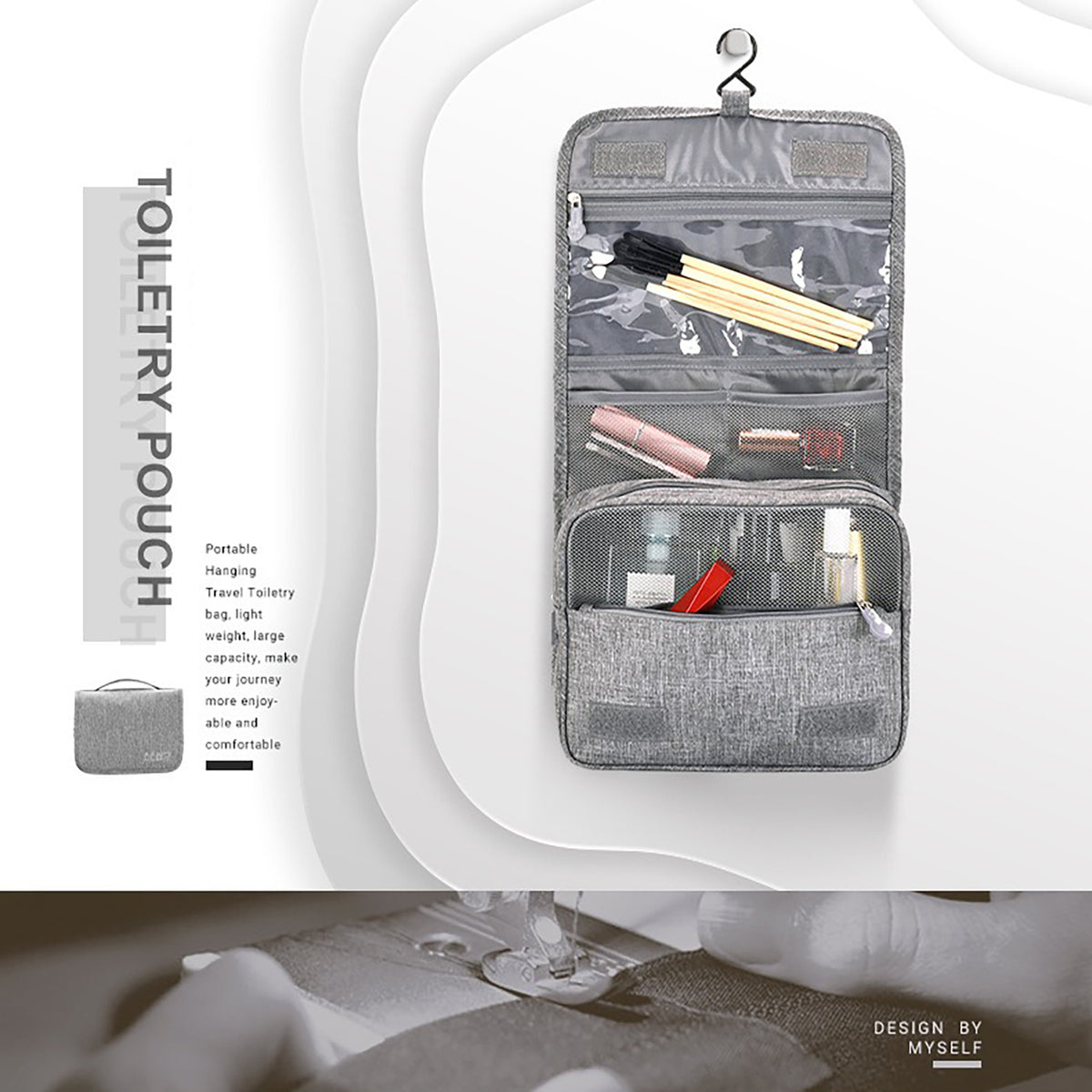 Hanging travel toiletry organizer with four compartments
